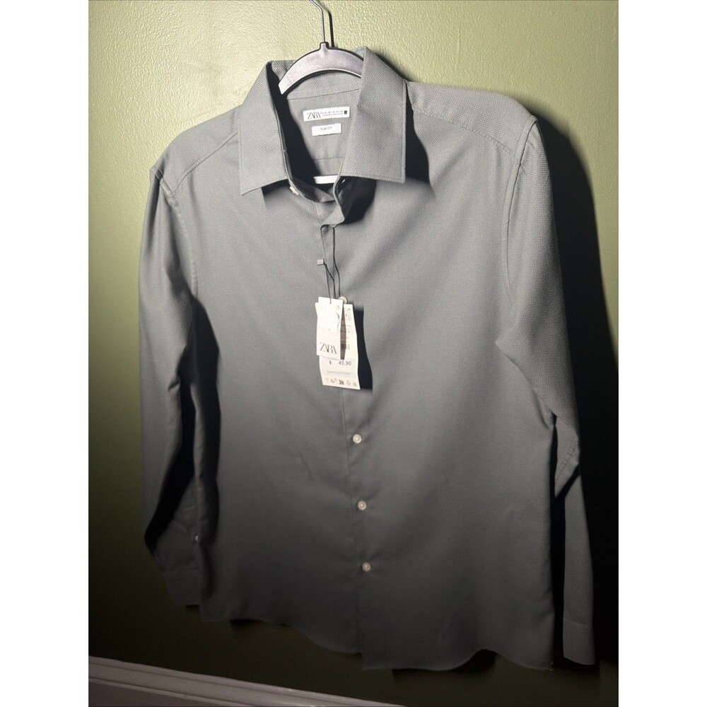 Zara Men's Textured Button-Up Shirt Slim Fit Green / Sage Gray Size Medium NWT